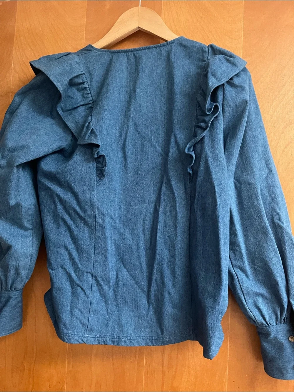 Sezane Denim Ruffle Front Button-Up Blouse - Blue - Picture 4 of 4